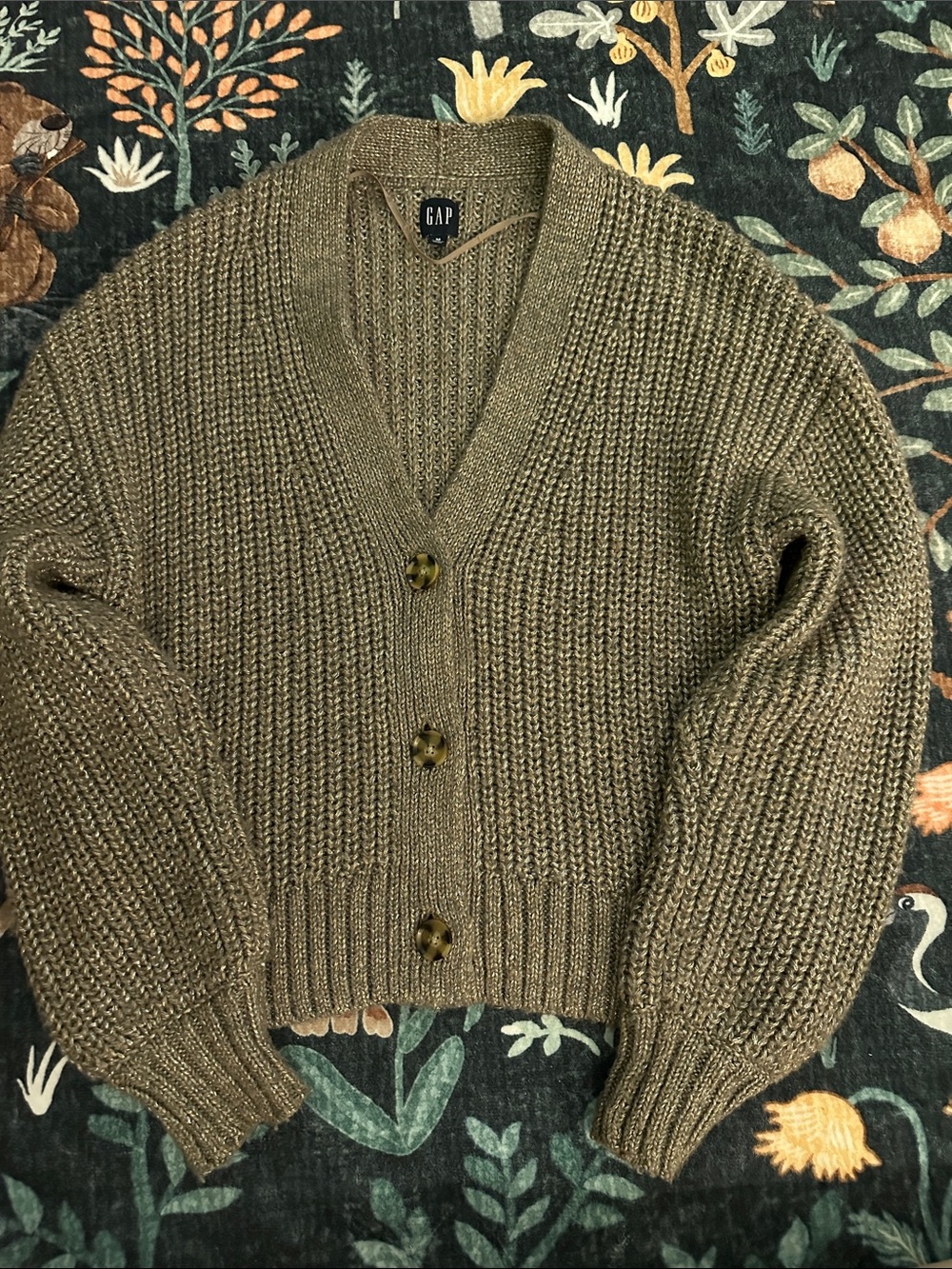 GAP Olive Green Metalic Chunky Ribbed V-Neck Cardigan